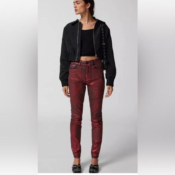 Urban Outfitters Neon Denim Cherry Coated Skinny Jean Metallic Red Black - Picture 1 of 7
